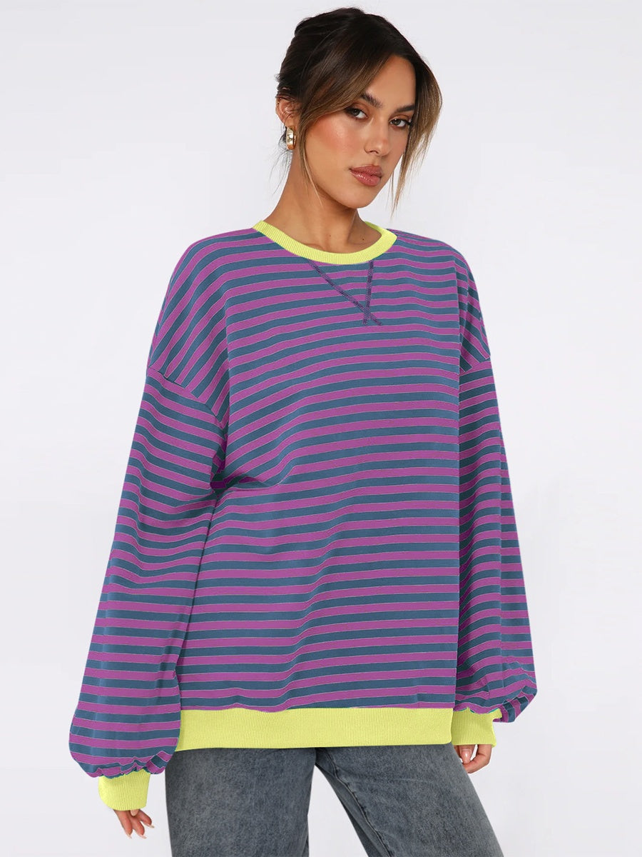 Women's Autumn/Winter Striped Color-Blocked Oversized Long-Sleeved Sweatshirt