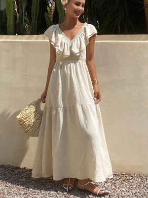 Lace-trimmed Loose-fitting V-neck Apricot Long Dress