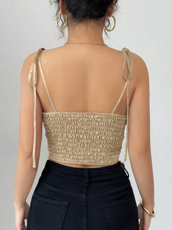 Irregularly Pleated Glossy T-shirt With Gold Foil Short Camisole