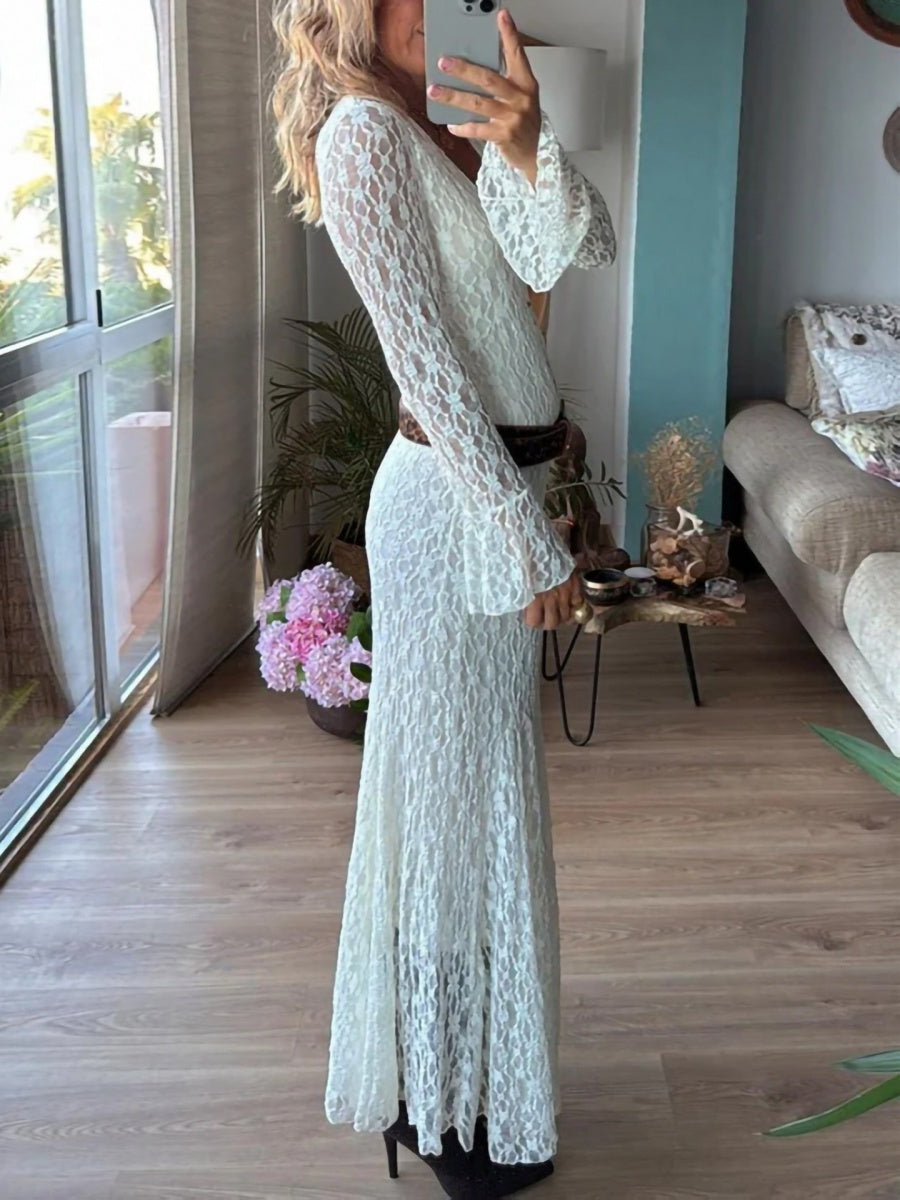Lace V-neck Long Sleeve Maxi Dresses