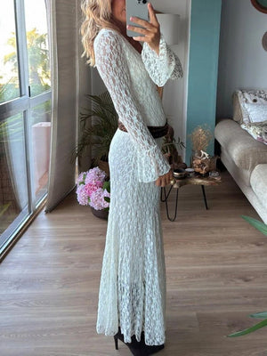 Lace V-neck Long Sleeve Maxi Dresses