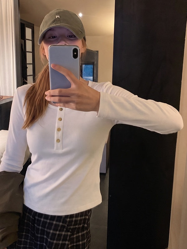 Korean Style Henley Collar Top With Straight Shoulders