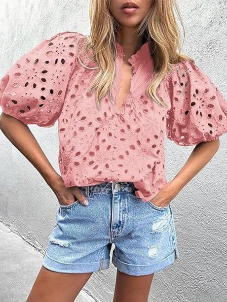 V-neck Buttons Hollow Lace Embroidery Shirts