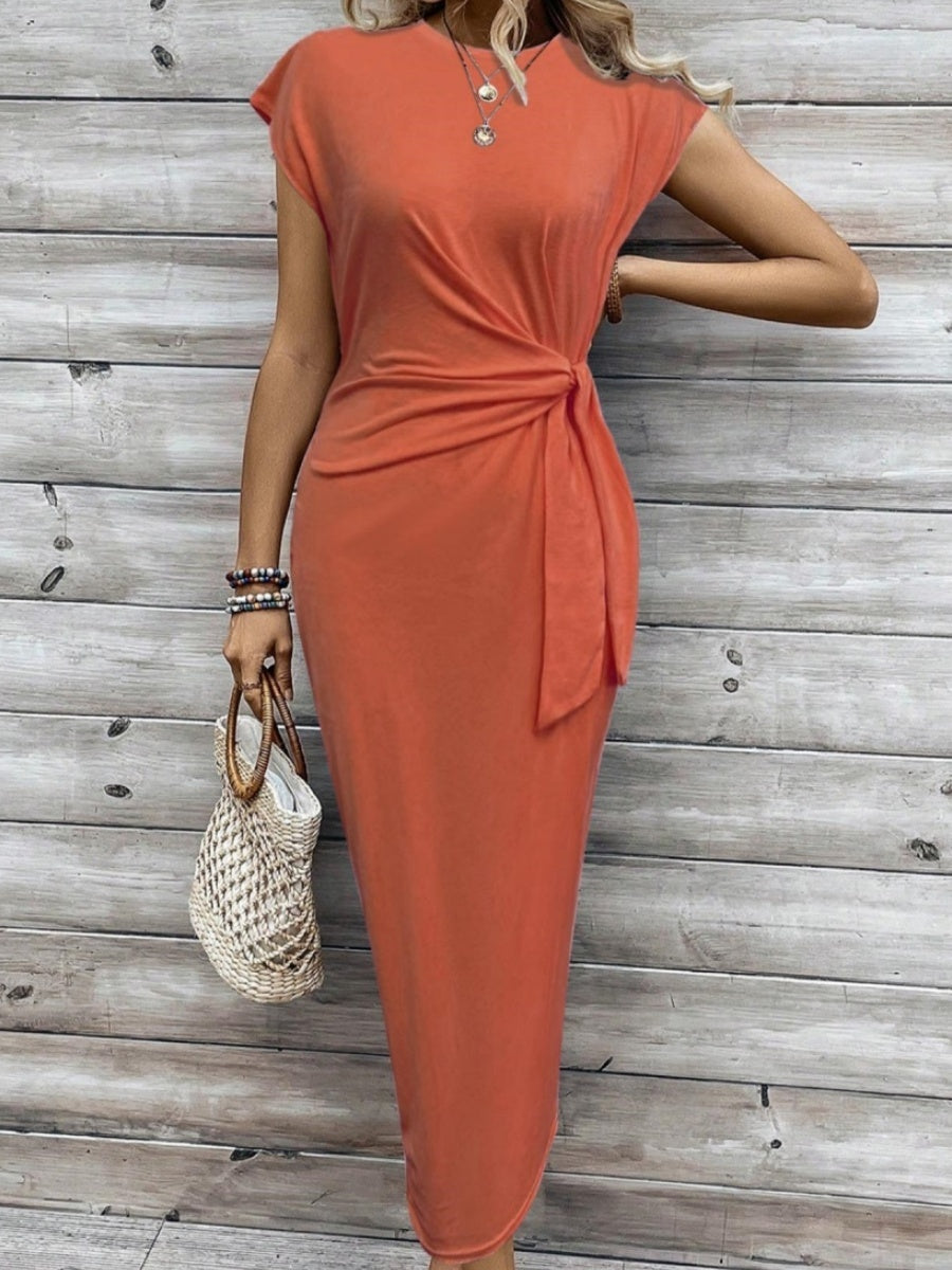 Bandage Stripes Crew Neck Short Sleeve Maxi Dresses