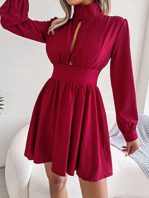 Stand Collar Hollow Waist Big Swing Mini&Short Dresses