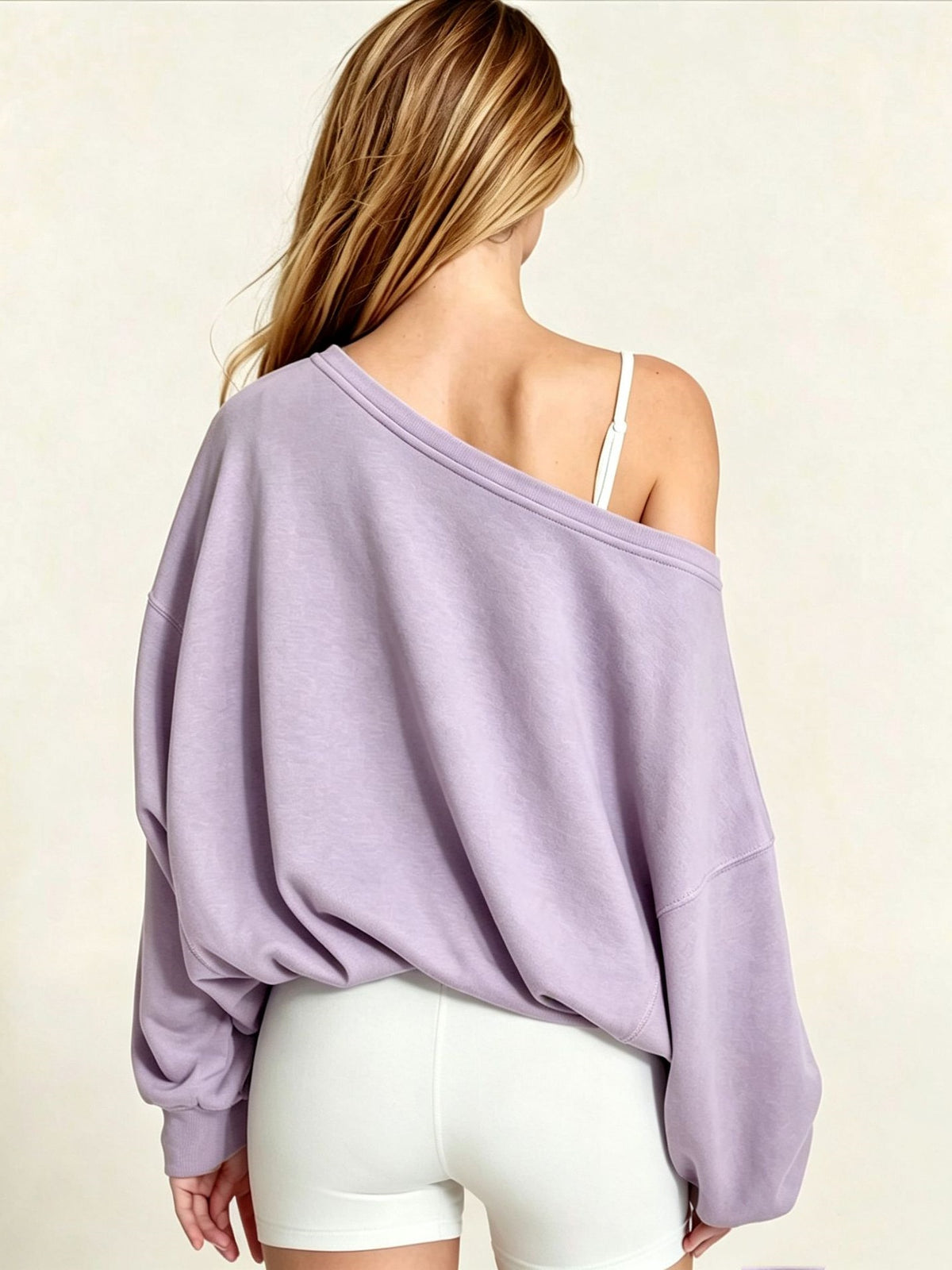 Women's Autumn/Winter Solid Color Off-Shoulder Long Sleeve Drawstring Hem Sweatshirt