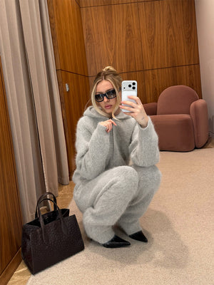 Faux Mink Fur Hooded Zip-up Cardigan Sweater With Double Pockets And Knitted Trousers Two-piece Set