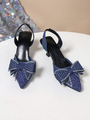 Rhinestone Pointed Bow Backless High Heels