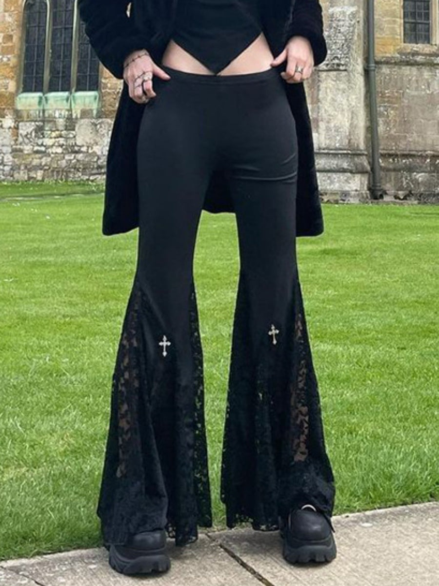 Hollow Lace Black Slightly Flared Pants