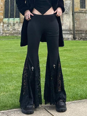 Hollow Lace Black Slightly Flared Pants