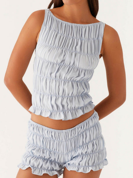 Pleated Navel Curled Hem Backless And Navel Exposed 2-piece Sets