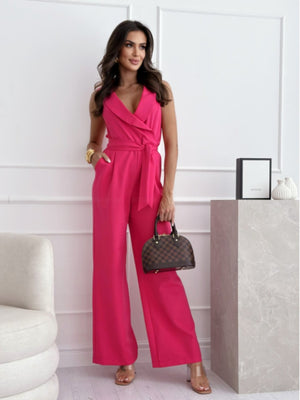 V-neck High-waisted Jumpsuit With A Fitted Waist And Tie