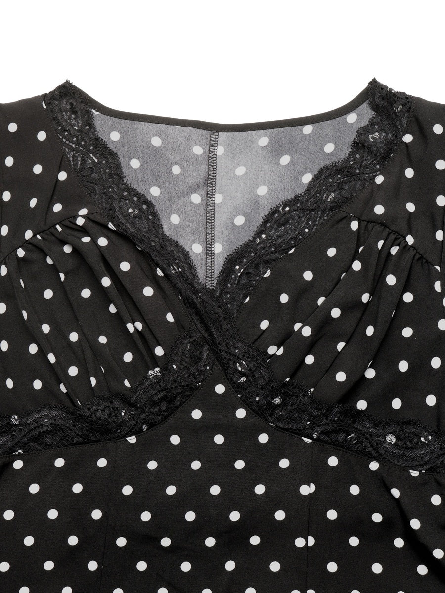 Lace-up Lace Polka Dots Splicing Polka Dots Maxi Dresses
