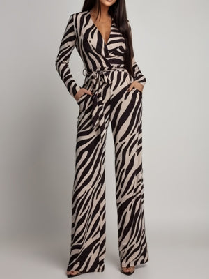 Zebra Print V-neck Long Sleeve Wide-leg Pants Jumpsuits