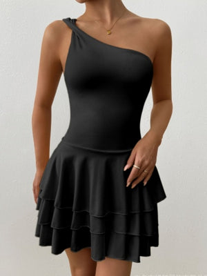 Slanted Shoulder Neck Backless Ruffle Mini&Short Dresses
