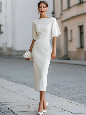 Grace One-shoulder Collar Mid-length Sleeves Slim-fit Midi Dresses