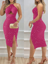 Slit, Off-shoulder Halter Neck, Hollowed-out Bodycon Midi Dress