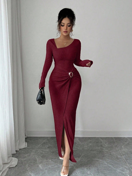 Irregular Neckline Solid Color Knitting Texture Maxi Dresses