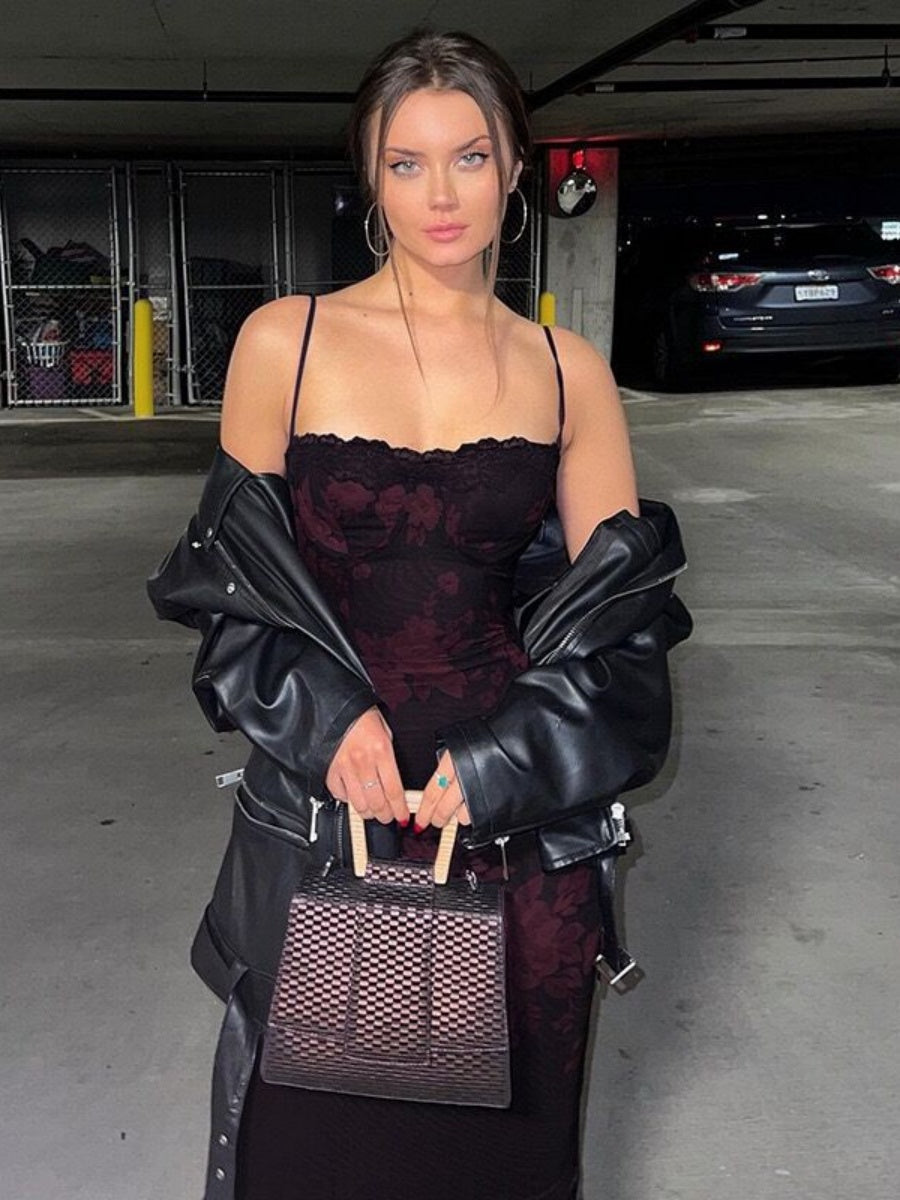 【SHIP AS USUAL】Suspenders Trim Hip-hugging Lace Maxi Dresses