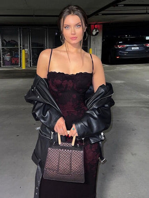 【SHIP AS USUAL】Suspenders Trim Hip-hugging Lace Maxi Dresses