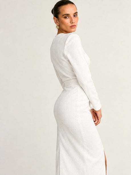 Long-sleeved, Solid Color, Round Neck, Fitted Waist, Button-down, Slit Midi Dress