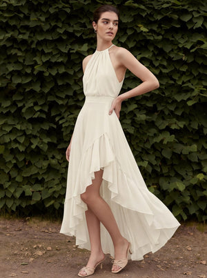 Sleeveless Halter Neck Irregular Ruffle Long Dress