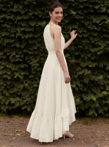Sleeveless Halter Neck Irregular Ruffle Long Dress