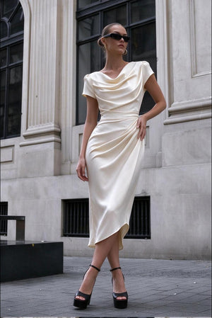 A Midi Dress With A Ruffled Neckline And A Fitted Bodycon Silhouette