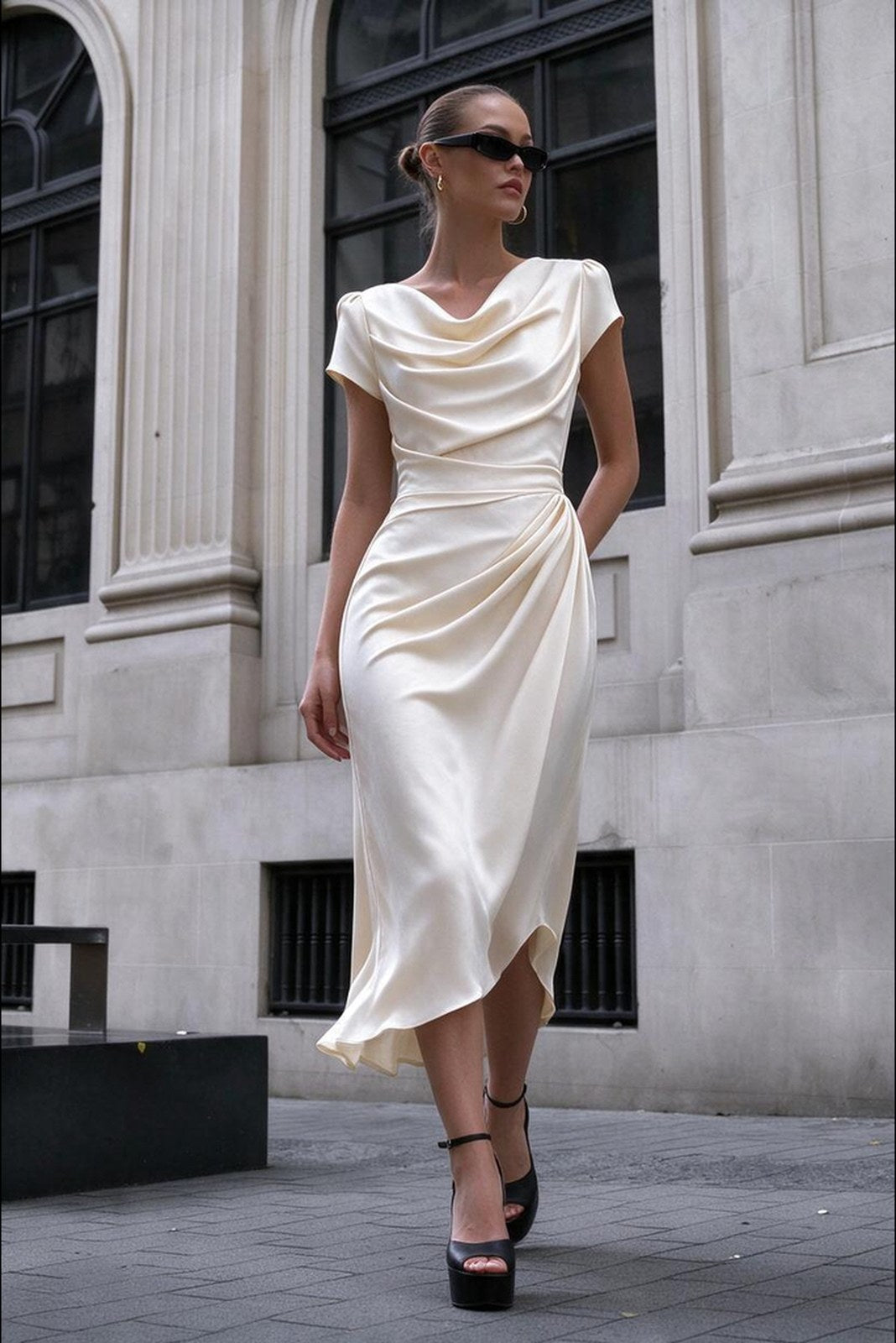 A Midi Dress With A Ruffled Neckline And A Fitted Bodycon Silhouette