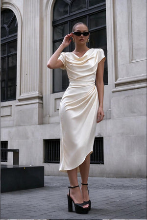 A Midi Dress With A Ruffled Neckline And A Fitted Bodycon Silhouette