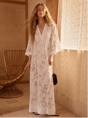 Applique 3D V-neck Straight-fit Long Sleeve Grace Maxi Dresses