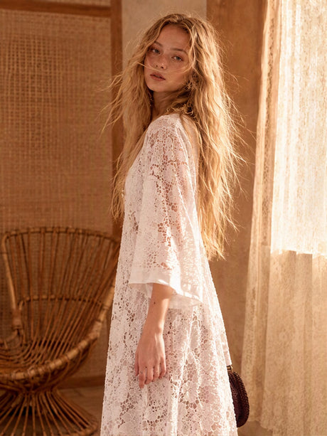 Applique 3D V-neck Straight-fit Long Sleeve Grace Maxi Dresses