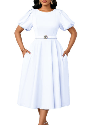 Puff Sleeve High Waist Crew Neck Large Skirt Commuting Leisure Midi Dresses