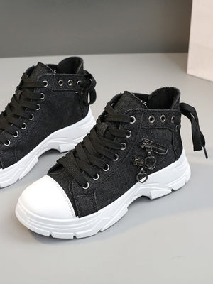 Heart Zipper Denim High-Top Casual Sneakers