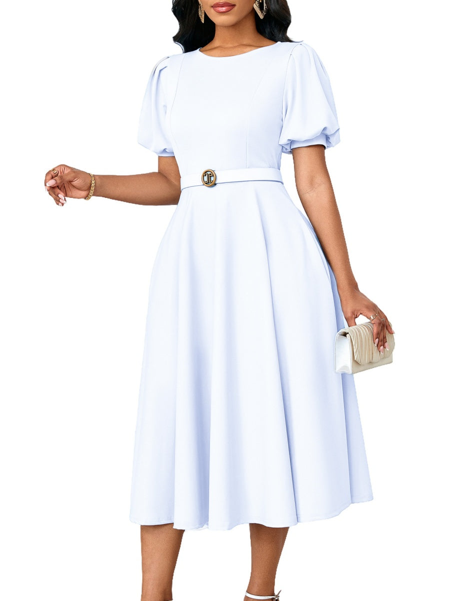 Puff Sleeve High Waist Crew Neck Large Skirt Commuting Leisure Midi Dresses