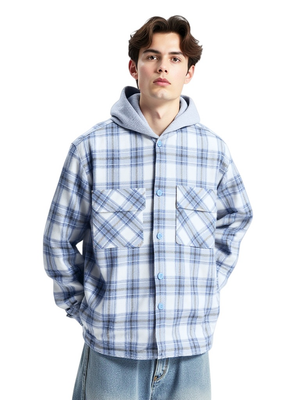 Tweed Sanding Plaid Splicing Contrasting Colors Fake Two Pieces Hooded Long-sleeved Shirt