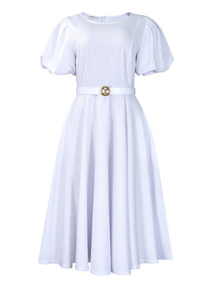 Puff Sleeve High Waist Crew Neck Large Skirt Commuting Leisure Midi Dresses