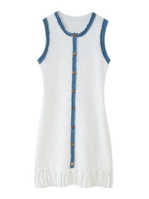 Denim Patchwork Buttons Sleeveless Knitting Mini&Short Dresses