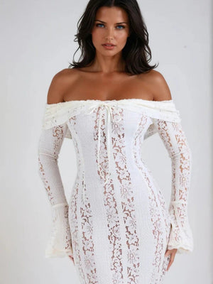 【EXPÉDITION NORMALE】Robes maxi moulantes en dentelle ajourée, épaules dénudées et manches évasées