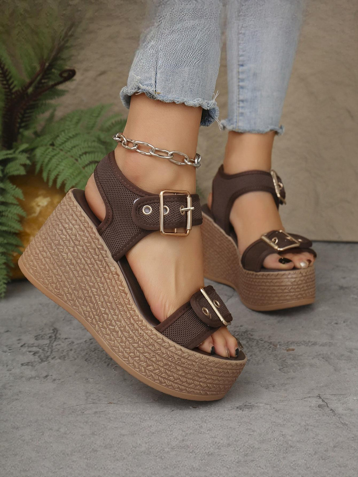 Metal Buckle Vacation Wedge Platform Sandals