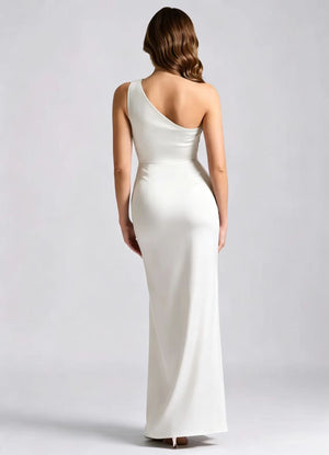 Asymmetrical Shoulder Pleated Satin Solid Color Maxi Dresses