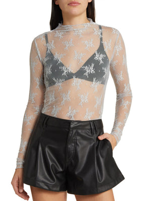 Lace See-through Sexy Mesh Mock Neck Long-sleeved Top
