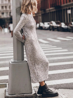 Sequins Long Sleeve Crew Neck Loose Maxi Dresses