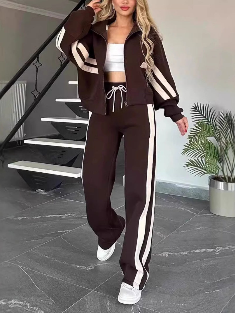 Stripes Zipper Top Wide-leg Pants Leisure Sports 2-piece Sets
