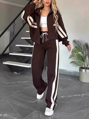 Stripes Zipper Top Wide-leg Pants Leisure Sports 2-piece Sets