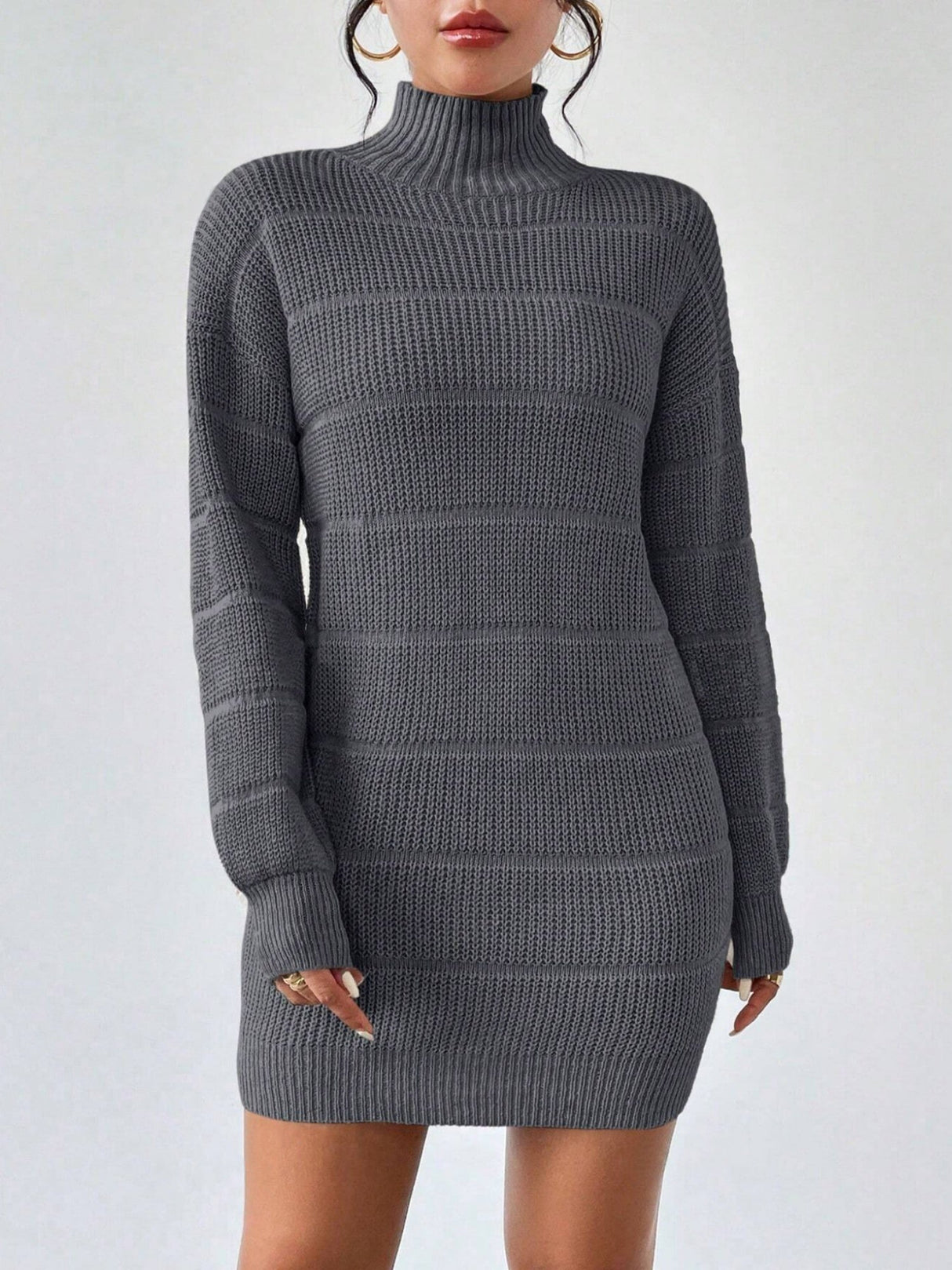 High Collar Long Sleeve Waist-cinching And Hip-hugging Knitted Sweaters Midi Dresses