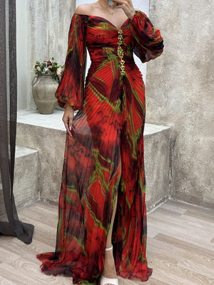 Crimp Long Sleeve Floral Printed Reunion Maxi Dresses