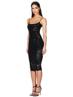 Sequins Spaghetti Strap Backless Slim Fit Hip Body Midi Dresses