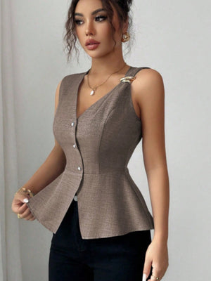 Metal Buckle Design V-neck Sleeveless Fitted Waist Vest