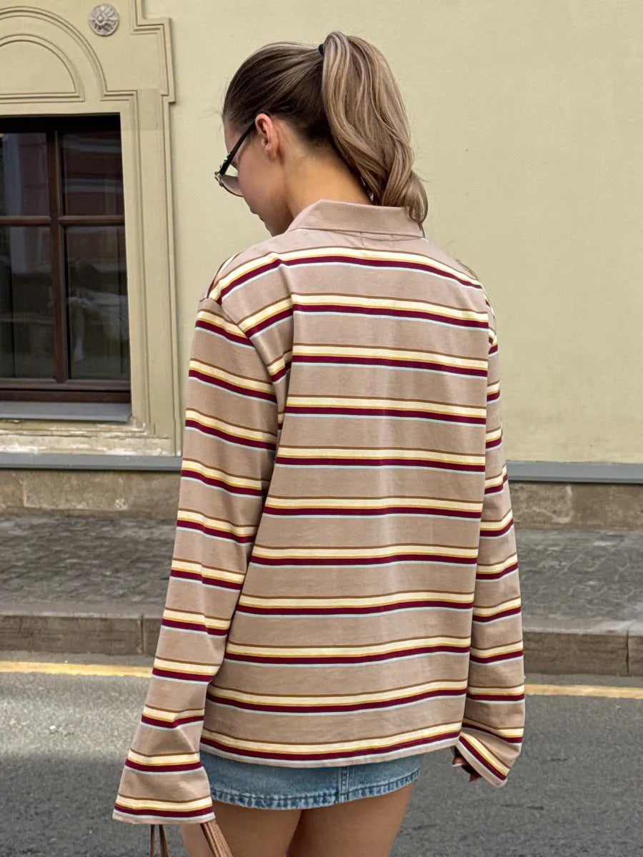 Long-sleeved Striped T-shirt, Polo Collar, Loose-fitting T-shirt